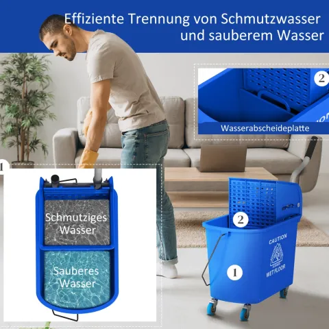 HOMCOM Putzwagen Reinigungswagen mit Wischmopp Presse 20 L Eimer mit Trennwand für Gebäudereinigung Hotel Blau