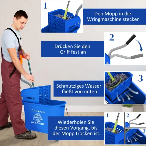 HOMCOM Putzwagen Reinigungswagen mit Wischmopp Presse 20 L Eimer mit Trennwand für Gebäudereinigung Hotel Blau