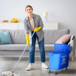 HOMCOM Putzwagen Reinigungswagen mit Wischmopp Presse 20 L Eimer mit Trennwand für Gebäudereinigung Hotel Blau