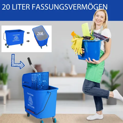 HOMCOM Putzwagen Reinigungswagen mit Wischmopp Presse 20 L Eimer mit Trennwand für Gebäudereinigung Hotel Blau