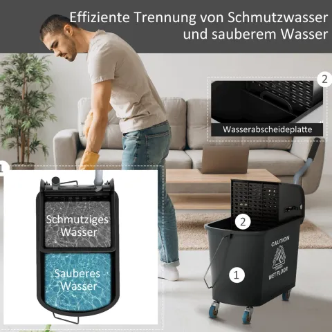 HOMCOM Putzwagen Reinigungswagen mit Wischmopp Presse 20 L Eimer mit Trennwand für Gebäudereinigung Hotel Schwarz