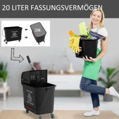 HOMCOM Putzwagen Reinigungswagen mit Wischmopp Presse 20 L Eimer mit Trennwand für Gebäudereinigung Hotel Schwarz