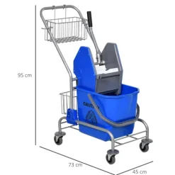 HOMCOM Putzwagen Reinigungswagen 26 Liter Wischwagen mit Wringer, Haushaltswagen mit Rollen, Haken für Mopp Blau