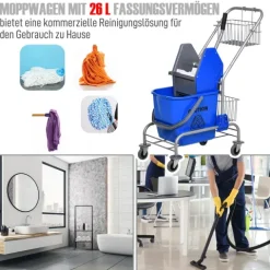 HOMCOM Putzwagen Reinigungswagen 26 Liter Wischwagen mit Wringer, Haushaltswagen mit Rollen, Haken für Mopp Blau