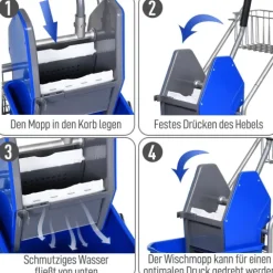 HOMCOM Putzwagen Reinigungswagen 26 Liter Wischwagen mit Wringer, Haushaltswagen mit Rollen, Haken für Mopp Blau