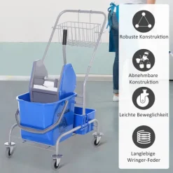 HOMCOM Putzwagen Reinigungswagen Fahreimer Putzeimer 25 Liter Wischwagen mit Wringer, Haken für Mopp Haushaltswagen mit 4 Rollen Blau