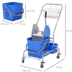 HOMCOM Putzwagen Reinigungswagen Fahreimer Putzeimer 25 Liter Wischwagen mit Wringer, Haken für Mopp Haushaltswagen mit 4 Rollen Blau