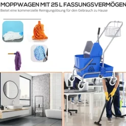 HOMCOM Putzwagen Reinigungswagen Fahreimer Putzeimer 25 Liter Wischwagen mit Wringer, Haken für Mopp Haushaltswagen mit 4 Rollen Blau