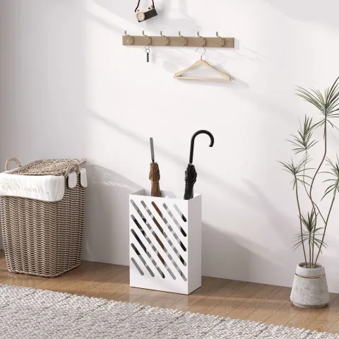 HOMCOM Regenschirmständer aus Stahl Rechteckiger Schirmständer mit 4 Haken und abnehmbarer Wasserauffangschale für Regenschirme, Wanderstöcke 28 x 14 x 41 cm Weiß