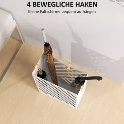 HOMCOM Regenschirmständer aus Stahl Rechteckiger Schirmständer mit 4 Haken und abnehmbarer Wasserauffangschale für Regenschirme, Wanderstöcke 28 x 14 x 41 cm Weiß