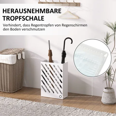 HOMCOM Regenschirmständer aus Stahl Rechteckiger Schirmständer mit 4 Haken und abnehmbarer Wasserauffangschale für Regenschirme, Wanderstöcke 28 x 14 x 41 cm Weiß