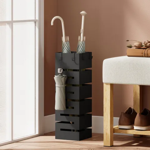 HOMCOM Regenschirmständer aus Metall, Quadratisch Schirmständer, Schirmhalter mit herausnehmbare Wasserauffangschale und 4 Haken, für Eingangsbereich, 15,5 x 15,5 x 49 cm, Schwarz