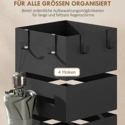 HOMCOM Regenschirmständer aus Metall, Quadratisch Schirmständer, Schirmhalter mit herausnehmbare Wasserauffangschale und 4 Haken, für Eingangsbereich, 15,5 x 15,5 x 49 cm, Schwarz