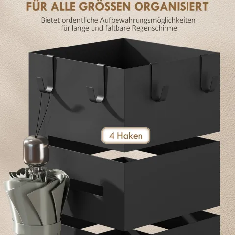 HOMCOM Regenschirmständer aus Metall, Quadratisch Schirmständer, Schirmhalter mit herausnehmbare Wasserauffangschale und 4 Haken, für Eingangsbereich, 15,5 x 15,5 x 49 cm, Schwarz