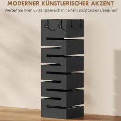 HOMCOM Regenschirmständer aus Metall, Quadratisch Schirmständer, Schirmhalter mit herausnehmbare Wasserauffangschale und 4 Haken, für Eingangsbereich, 15,5 x 15,5 x 49 cm, Schwarz