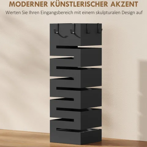 HOMCOM Regenschirmständer aus Metall, Quadratisch Schirmständer, Schirmhalter mit herausnehmbare Wasserauffangschale und 4 Haken, für Eingangsbereich, 15,5 x 15,5 x 49 cm, Schwarz