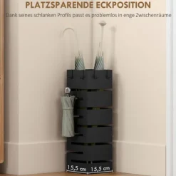 HOMCOM Regenschirmständer aus Metall, Quadratisch Schirmständer, Schirmhalter mit herausnehmbare Wasserauffangschale und 4 Haken, für Eingangsbereich, 15,5 x 15,5 x 49 cm, Schwarz