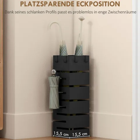 HOMCOM Regenschirmständer aus Metall, Quadratisch Schirmständer, Schirmhalter mit herausnehmbare Wasserauffangschale und 4 Haken, für Eingangsbereich, 15,5 x 15,5 x 49 cm, Schwarz