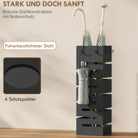 HOMCOM Regenschirmständer aus Metall, Quadratisch Schirmständer, Schirmhalter mit herausnehmbare Wasserauffangschale und 4 Haken, für Eingangsbereich, 15,5 x 15,5 x 49 cm, Schwarz