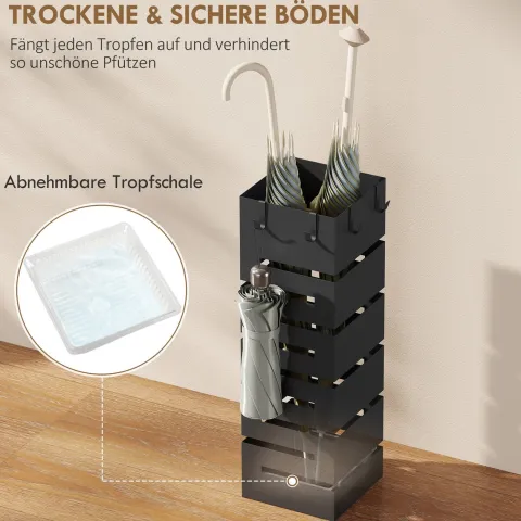 HOMCOM Regenschirmständer aus Metall, Quadratisch Schirmständer, Schirmhalter mit herausnehmbare Wasserauffangschale und 4 Haken, für Eingangsbereich, 15,5 x 15,5 x 49 cm, Schwarz