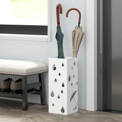 HOMCOM Regenschirmständer Schirmständer mit 4 Haken, Wasserauffangschale Regenschirmhalter für Flur, Regenschirme & Gehstöcke Stahl 15,5 x 15,5 x 40 cm Weiß