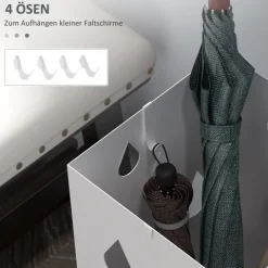 HOMCOM Regenschirmständer Schirmständer mit 4 Haken, Wasserauffangschale Regenschirmhalter für Flur, Regenschirme & Gehstöcke Stahl 15,5 x 15,5 x 40 cm Weiß
