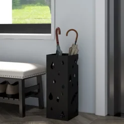 HOMCOM Regenschirmständer Schirmständer mit 4 Haken, Wasserauffangschale Regenschirmhalter für Flur, Regenschirme & Gehstöcke Stahl 15,5 x 15,5 x 40 cm Schwarz