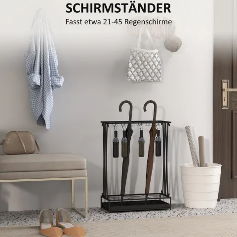 HOMCOM Regenschirmständer Stahl Schirmständer Rechteckiger Schirmhalter mit 24 Haken, 21 Löchern, herausnehmbare Wasserauffangschale für Gehstöcke & Regenschirme 50 x 24 x 68 cm Schwarz