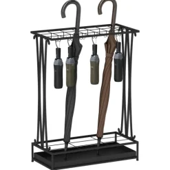 HOMCOM Regenschirmständer Stahl Schirmständer Rechteckiger Schirmhalter mit 24 Haken, 21 Löchern, herausnehmbare Wasserauffangschale für Gehstöcke & Regenschirme 50 x 24 x 68 cm Schwarz