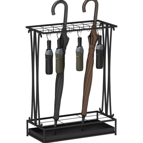 HOMCOM Regenschirmständer Stahl Schirmständer Rechteckiger Schirmhalter mit 24 Haken, 21 Löchern, herausnehmbare Wasserauffangschale für Gehstöcke & Regenschirme 50 x 24 x 68 cm Schwarz