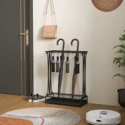 HOMCOM Regenschirmständer Stahl Schirmständer Rechteckiger Schirmhalter mit 24 Haken, 21 Löchern, herausnehmbare Wasserauffangschale für Gehstöcke & Regenschirme 50 x 24 x 68 cm Schwarz