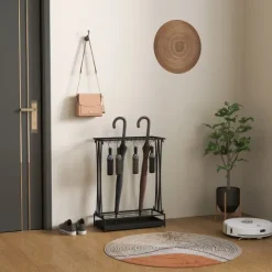 HOMCOM Regenschirmständer Stahl Schirmständer Rechteckiger Schirmhalter mit 24 Haken, 21 Löchern, herausnehmbare Wasserauffangschale für Gehstöcke & Regenschirme 50 x 24 x 68 cm Schwarz