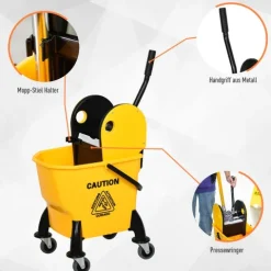 HOMCOM Reinigungswagen Fahreimer Putzeimer Wischwagen mit Auswringvorrichtung 26 Liter, Gelb, 44 x 36 x 90 cm