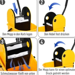HOMCOM Reinigungswagen Fahreimer Putzeimer Wischwagen mit Auswringvorrichtung 26 Liter, Gelb, 44 x 36 x 90 cm