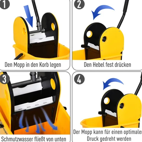 HOMCOM Reinigungswagen Fahreimer Putzeimer Wischwagen mit Auswringvorrichtung 26 Liter, Gelb, 44 x 36 x 90 cm