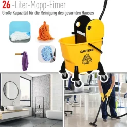HOMCOM Reinigungswagen Fahreimer Putzeimer Wischwagen mit Auswringvorrichtung 26 Liter, Gelb, 44 x 36 x 90 cm