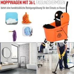 HOMCOM Reinigungswagen 36 Liter Fahreimer Putzeimer Wischwagen mit Auswringvorrichtung, Orange, 54 x 41 x 91,5 cm