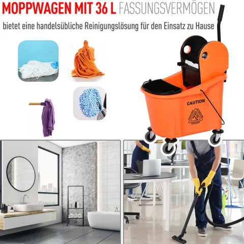 HOMCOM Reinigungswagen 36 Liter Fahreimer Putzeimer Wischwagen mit Auswringvorrichtung, Orange, 54 x 41 x 91,5 cm