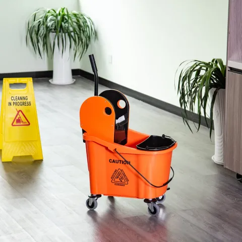 HOMCOM Reinigungswagen 36 Liter Fahreimer Putzeimer Wischwagen mit Auswringvorrichtung, Orange, 54 x 41 x 91,5 cm
