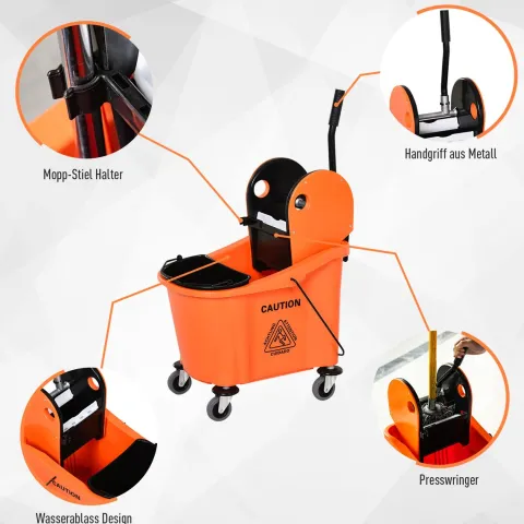 HOMCOM Reinigungswagen 36 Liter Fahreimer Putzeimer Wischwagen mit Auswringvorrichtung, Orange, 54 x 41 x 91,5 cm