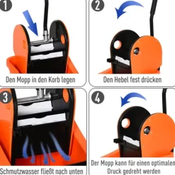HOMCOM Reinigungswagen 36 Liter Fahreimer Putzeimer Wischwagen mit Auswringvorrichtung, Orange, 54 x 41 x 91,5 cm