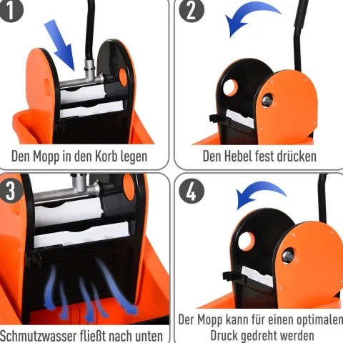 HOMCOM Reinigungswagen 36 Liter Fahreimer Putzeimer Wischwagen mit Auswringvorrichtung, Orange, 54 x 41 x 91,5 cm