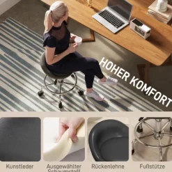 HOMCOM Rollhocker höhenverstellbar mit Rückenlehne Drehhocker 59-75 cm Arbeitshocker 360° drehbar Hocker Bürohocker für Büro Salon Massage Spa Schwarz