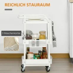 HOMCOM Rollwagen 3-Etagen Küchenwagen mit Schubladen und Korb für Küche Büro Aufbewahrungswagen Servierwagen Küchenregal mit Rollen Schlafzimmer Wohnzimmer Stahl Weiß 51,5 x 32 x 75,6 cm