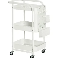 HOMCOM Rollwagen 3-Etagen Küchenwagen mit Schubladen und Korb für Küche Büro Aufbewahrungswagen Servierwagen Küchenregal mit Rollen Schlafzimmer Wohnzimmer Stahl Weiß 51,5 x 32 x 75,6 cm