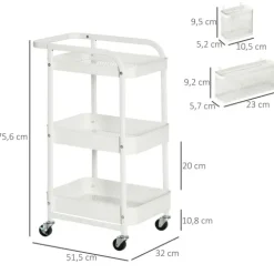 HOMCOM Rollwagen 3-Etagen Küchenwagen mit Schubladen und Korb für Küche Büro Aufbewahrungswagen Servierwagen Küchenregal mit Rollen Schlafzimmer Wohnzimmer Stahl Weiß 51,5 x 32 x 75,6 cm