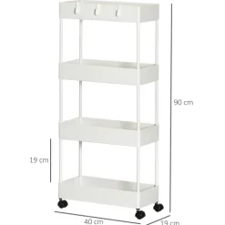 HOMCOM Rollwagen, Küchenwagen mit 4 Ebenen, Aufbewahrungsregal mit Rollen, Servierwagen mit Bremsen, Küchenregal für Schlafzimmer, Küche, Wohnzimmer, Kunststoff, Weiß, 40 x 19 x 90 cm