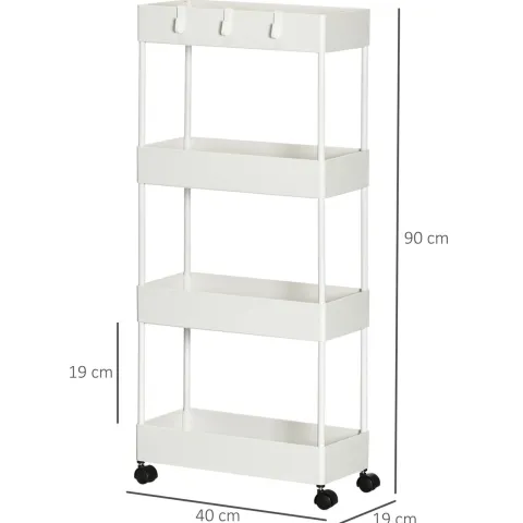 HOMCOM Rollwagen, Küchenwagen mit 4 Ebenen, Aufbewahrungsregal mit Rollen, Servierwagen mit Bremsen, Küchenregal für Schlafzimmer, Küche, Wohnzimmer, Kunststoff, Weiß, 40 x 19 x 90 cm
