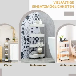 HOMCOM Rollwagen, Küchenwagen mit 4 Ebenen, Aufbewahrungsregal mit Rollen, Servierwagen mit Bremsen, Küchenregal für Schlafzimmer, Küche, Wohnzimmer, Kunststoff, Weiß, 40 x 19 x 90 cm