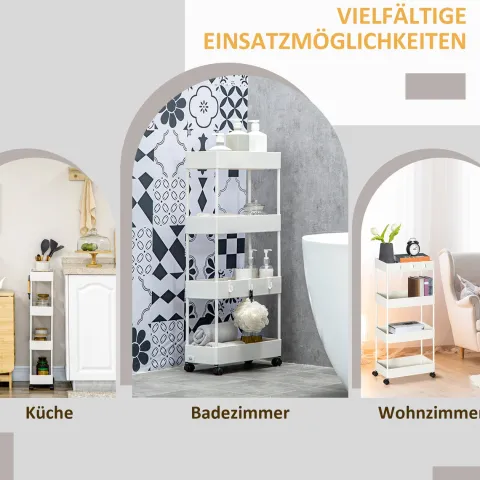 HOMCOM Rollwagen, Küchenwagen mit 4 Ebenen, Aufbewahrungsregal mit Rollen, Servierwagen mit Bremsen, Küchenregal für Schlafzimmer, Küche, Wohnzimmer, Kunststoff, Weiß, 40 x 19 x 90 cm